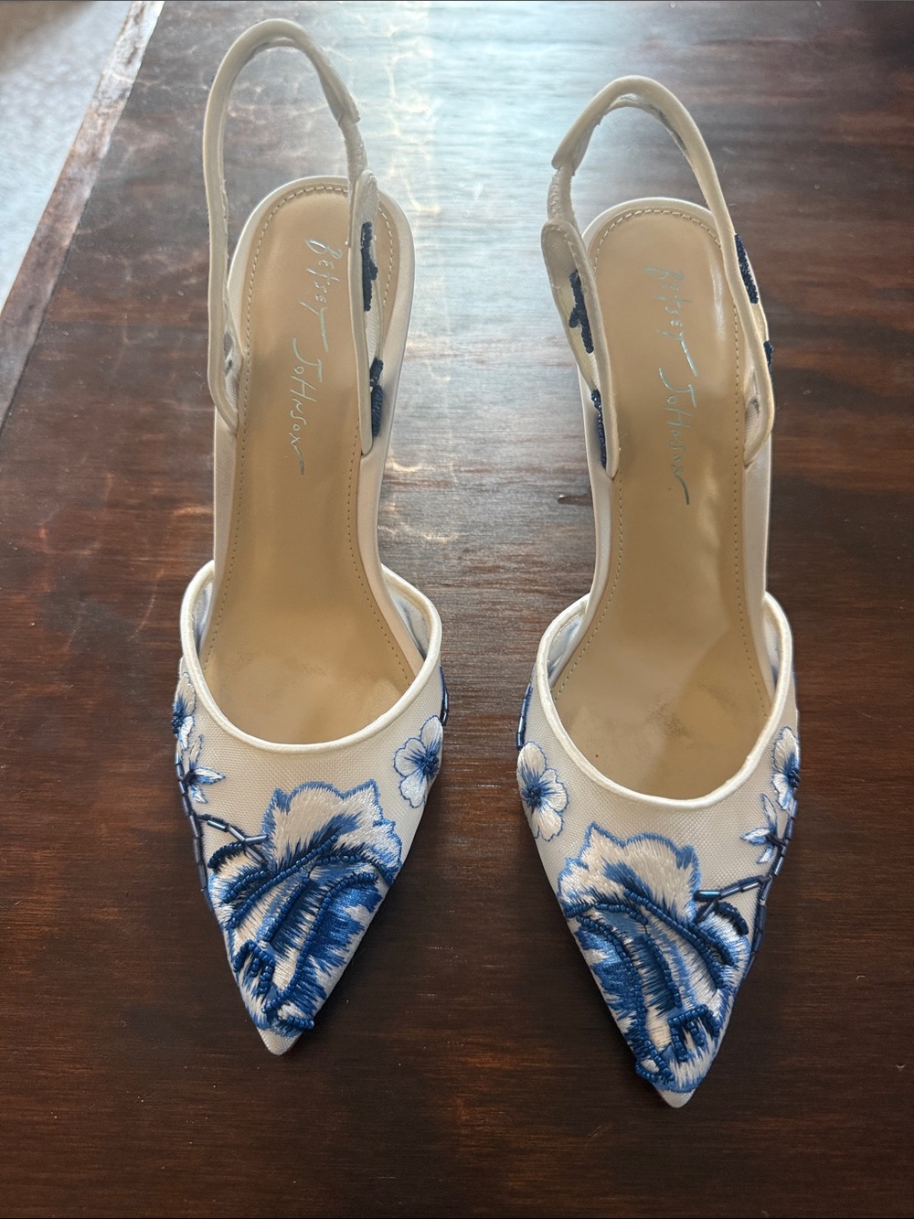 Betsey Johnson White Slingback Pointed-Toe Heels with Blue Floral Embroidery